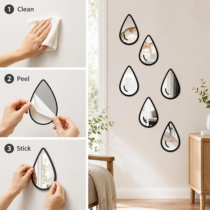 1 Set 6pcs Teardrop Mirror Wall Stickers, Self Adhesive Decorative Mirror Tiles, 5.9 x 3.5 Inch Water Drop Wall Mirror Decor for Bedroom Bathroom Living Room Entryway Modern Boho Accent