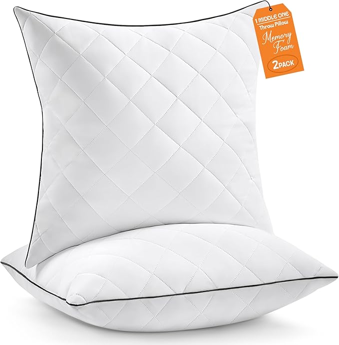 1 MIDDLE ONE Throw Pillows (Pack of 2, White), 16 x 16 Inches Decorative Pillow Insert for Couch, Sofa and Bed, Memory Foam Indoor Square Pillow Forms Stuffer (16x16 Inch)