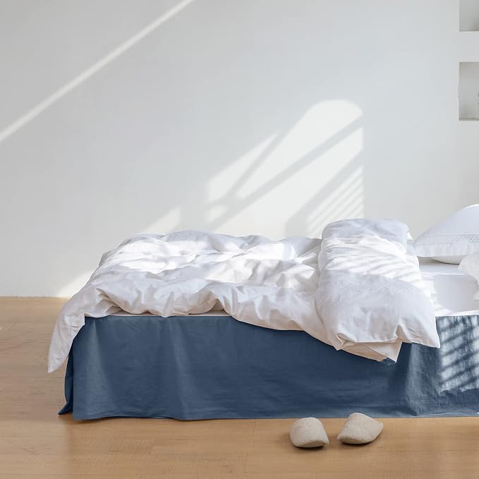 BISELINA French Linen Bed Skirt with Pleated Corner 22-Inch Tailored Drop Natural Flax Cotton Blend Basic Dust Ruffle Soft Cozy Farmhouse Bedding (22" King, Basic Navy Blue)