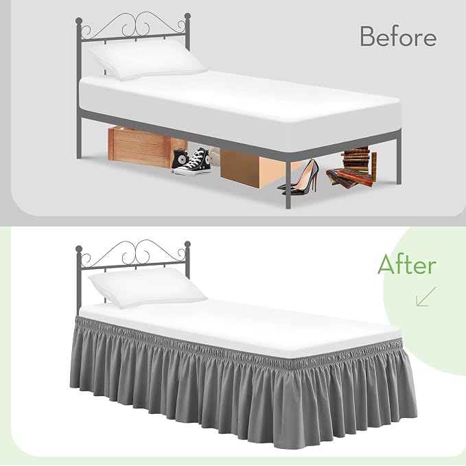 Grey Bed Skirt Full Size 15 Inch Drop, Elastic Wrap Around Bedskirt | Solid Ruffled, Easy to Use, No Mattress Lifting, Wrinkle & Fade Resistant, with Adhesive Strips, Machine Wash/Dry/Iron