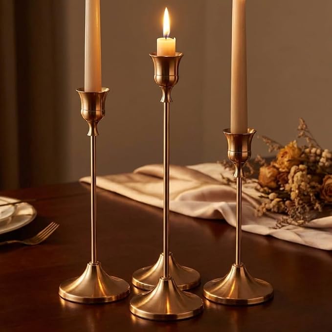 6 Sets Candle Holder Brass Gold Candlestick Holders - Vintage Modern Metal Taper Candle Holders, Decorative Centerpiece for Table Mantel, Wedding Kitchen Home Decor, Wedding Gift,18Pcs