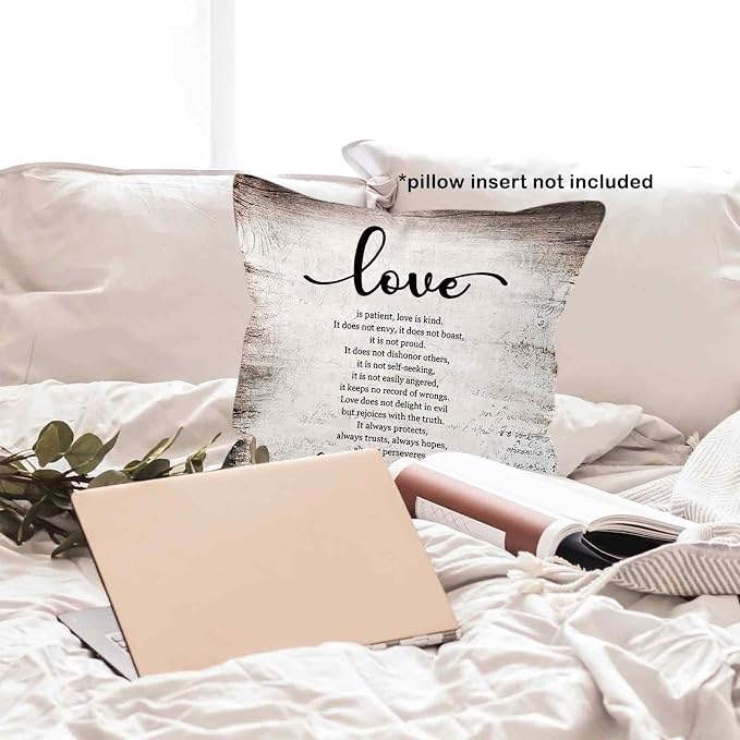 Vintage Christian Bible Verse Love Never Fails Throw Pillow Covers 18x18, Rustic Scripture Corinthians Decor Pillow Cases for Bedroom Living Room, Religious Decorative Pillowcase for Couch Bed