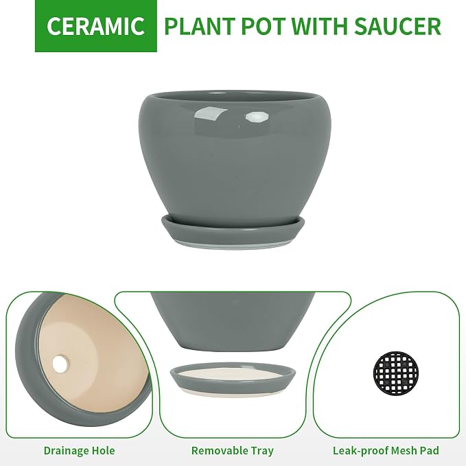 Deep Dream 8 Inch Plant Pots- Ceramic Pots for Plants with Drainage Hole and Saucer, Large Planter Pot for Indoor Plants Outdoor Decor, Grey