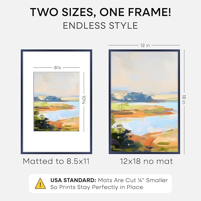 Homeforia 12x18 Blue Picture Frame, High-End Metal, 8.5x11 Mat, Glass