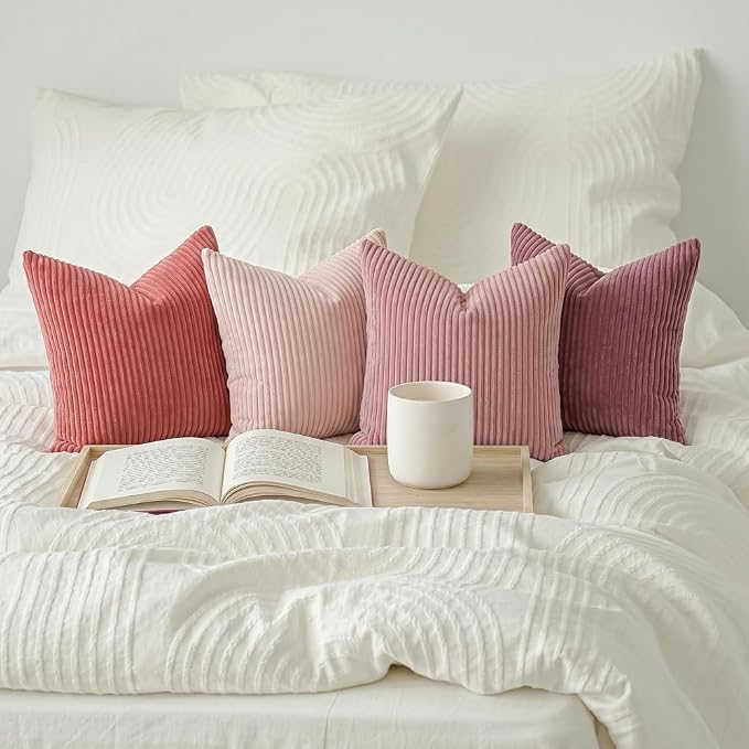 LANANAS Decorative Corduroy Throw Pillow Covers 18x18 Inch Rose Pink | Set of 4 Neutral Couch Farmhouse Boho Throw Pillows for Living Room, Couch, Bed, Sofa Soft Accent Home Decor
