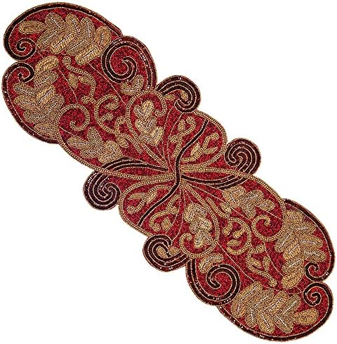 COTTON CRAFT Handmade Beaded Table Runner - 13x36 inches - Red & Gold