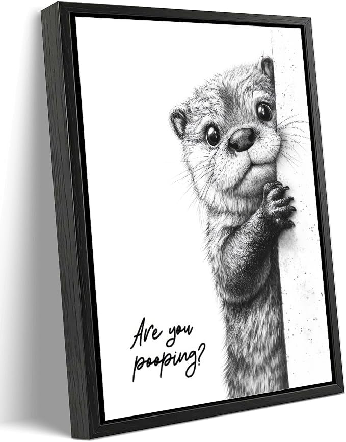 Black Framed Funny Otter Canvas Wall Art, Black White Humorous Animal Bathroom Poster Print Artwork, Are You Pooping Painting Picture Wall Decor, for Restroom, Bathroom, Toilet Home Decoration 12x16in