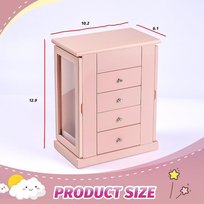 Emfogo Jewelry Box for Girls, Musical Jewelry Box with Spinning Dancer Gifts for Little Girls Christmas New Year Birthday Children's Day, 5 Layer Large Wooden Kids Music Jewelry Organizer Box(Pink)
