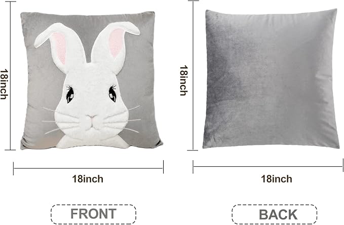 Spring Easter Throw Pillow Covers 18x18 Funny Bunny Pillowcase,3D Embroidered Rabbit Cushion Cover Velvet Decorative Throw Pillows for Home Decor (Light Gray -1PCS)