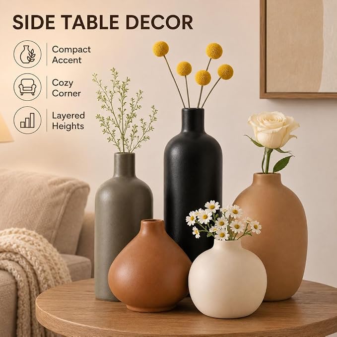 Ceramic Vase Set of 5, Modern Vases Home Decor, Neutral Decorative Vases for Pampas Grass Dried Fresh Flowers, Small Vase Set for Living Room Kitchen Bedroom Bathroom Entryway Mantel Decor
