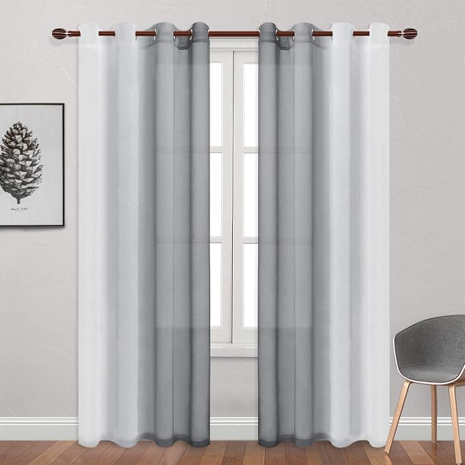 DWCN Grey Ombre Faux Linen Sheer Curtains - Extra Long Gradient Semi Voile Light Filtering Grommet Top Bedroom and Living Room Curtains, 52 x 102 Inches Long, Set of 2 Window Curtain Panels
