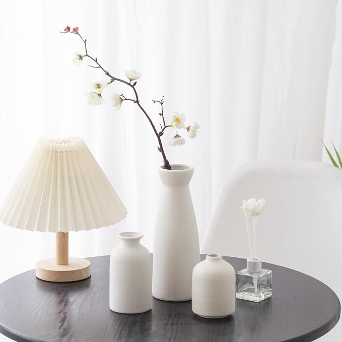 CEMABT White Ceramic vase Set-3 Small Flower vases for Decor,Modern Boho Farmhouse Home Decor,Decorative vase for Pampas Grass&Dried Flowers,idea Shelf,Table,Bookshelf ，Entryway- Distressed