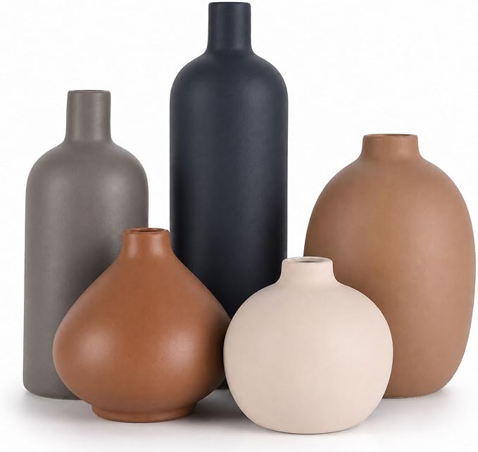 Ceramic Vase Set of 5, Modern Vases Home Decor, Neutral Decorative Vases for Pampas Grass Dried Fresh Flowers, Small Vase Set for Living Room Kitchen Bedroom Bathroom Entryway Mantel Decor