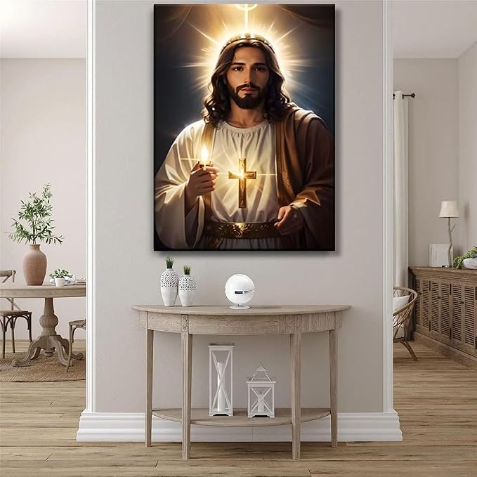 Jesus Canvas Wall Art Sacred Light God Poster Catholic Faith Decor Print | Framed Sacred Cross God Poster Christian Jesus Lights Candles Painting Wall Decor for Prayer Room Bedroom Church 24x36In