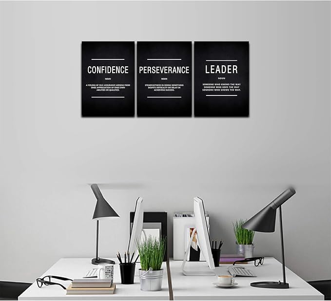 KAWAHONE Motivation Wall Poster Framed, Inspirational Leader Confidence Perseverance Quotes Canvas Wall Art Positive Picture Background Success Wall Hanging for Home Office Workplace 12" Wx16 Hx3Pcs
