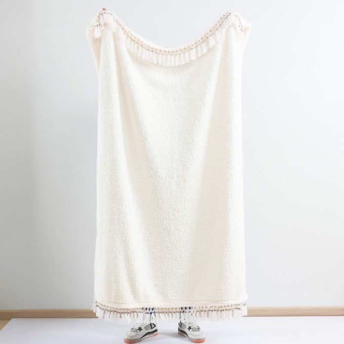 Ultra Soft Cozy Sherpa Throw Blanket, Light Weight Warm Decorative Throw Blanket with Tassel, Solid Antique White Pattern Reversible Boho Style Blanket for Sofa, Couch, Bedroom,Travel, 60”x80”