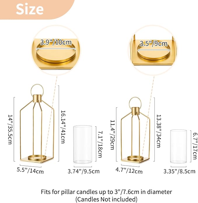 NUPTIO Gold Lanterns Decorative Indoor: Hanging Candle Lantern for Pillars | Hurricane Glass Lantern Set of 2for Wedding Home Front Porch Outdoor Fireplace Christmas Table Centerpiece