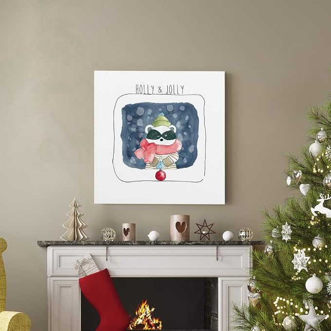 Renditions Gallery Abstract Animal Wall Art for Home Decor Holly & Jolly Christmas Raccoon Canvas Hanging Artwork for Dining Living Room Kitchen Decorations - 40"X40" LT05
