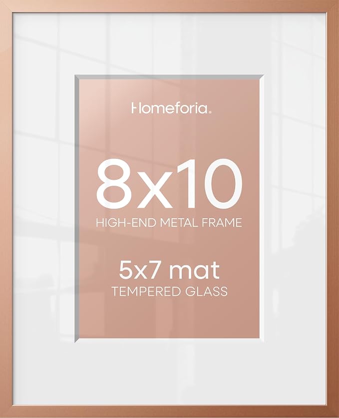 Homeforia 8x10 Rose Picture Frame, High-End Metal, 5x7 Mat, Glass