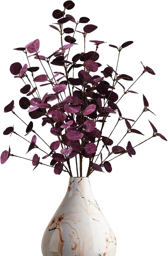 4PCS 24" Purple Artificial Eucalyptus Stems – Metallic Faux Eucalyptus Leaves for Halloween Decor, Fall Vase Arrangement & Christmas Home Decoration
