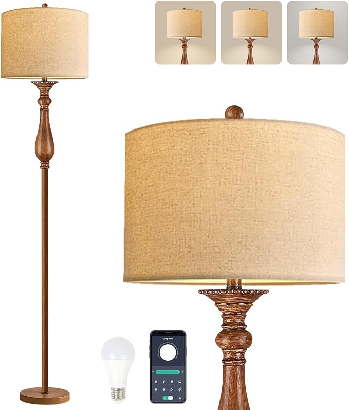 ILLMTW Wood Floor Lamp for Living Room,Bedroom,Vintage Mid Century Modern Standing Lamp with Remote Dimmable,Boho Gold Tall Lamp Fabric Lamp Shade Floor Lights Bohemian Tiffany Style