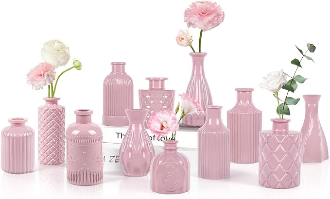 TBWIND 12 Pcs Blush Pink Glass Bud Vase Set | Mini, Vintage, For Flowers, Centerpieces, Wedding & Home Décor