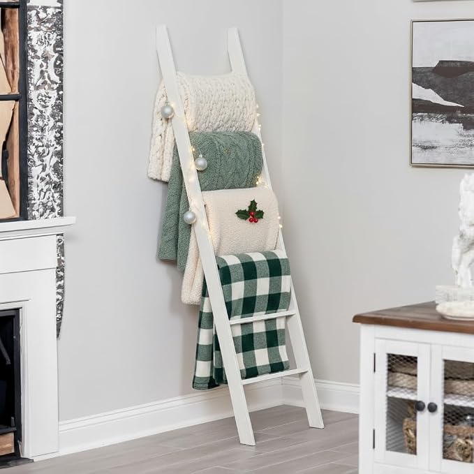 Blanket Ladder for the Living Room and Bedroom, Quilt Rack, 6-Tier, White | 5ft 8 inch, Wall Leaning Blanket Holder, Laminate Snag Free, Rustic Decorative Farmhouse Ladder Shelf for Blankets