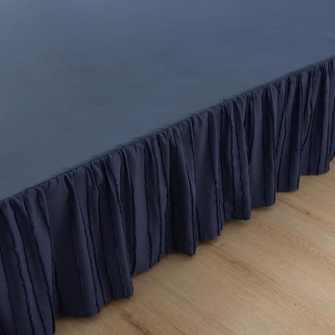 Dust Ruffle Bed Skirt, Queen Size Beds - 18 Inch Drop, Blue | Striped Boho Tufted, Split Corners, Easy Fit, Wrinkle & Fade Free, for Women, Men, Kids & Teens