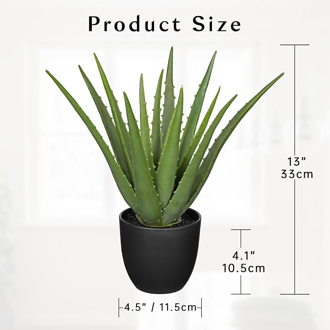GnFlus Fake Succulent Aloe Vera Plants 13 Inch Large Artificial Succulents with Black Pot Faux Aloe Potted Plant for Desk Modern Home Office Bedroom Living Room Table Shelf Decor