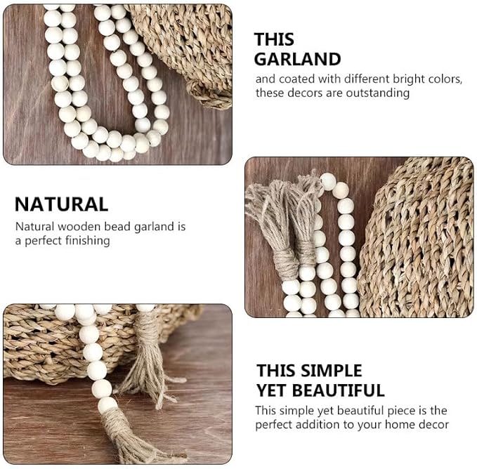 Vosarea Wood Bead Garland Rustic Farmhouse Beads with Tassel Home Wall Hanging Prayer Beads Decor Beads Wooden