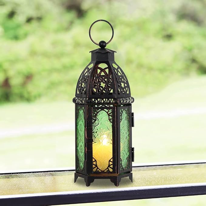 Christmas Decorations for Home, 11’’ Medium Size Vintage Metal Hanging&Tabletop Candle Holder Decor, Halloween Ramadan Decorations for Indoor Outdoor Porch Patio (Green)