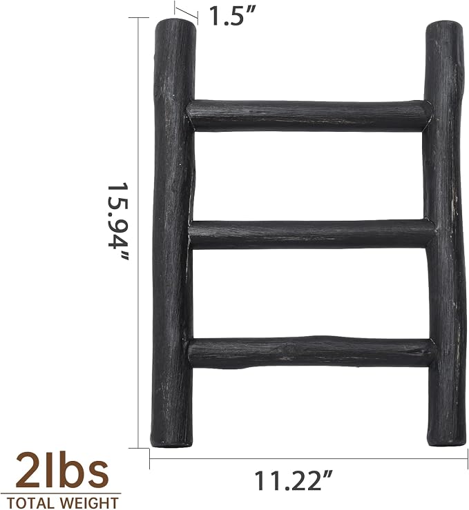 FUIN Tea Towel Ladder, Mini Rustic Solid Wood Decorative Ladder, Black | Farmhouse living room accent, Layered blanket towel quilt display, Visible wood grain, Bathroom and Bedroom use