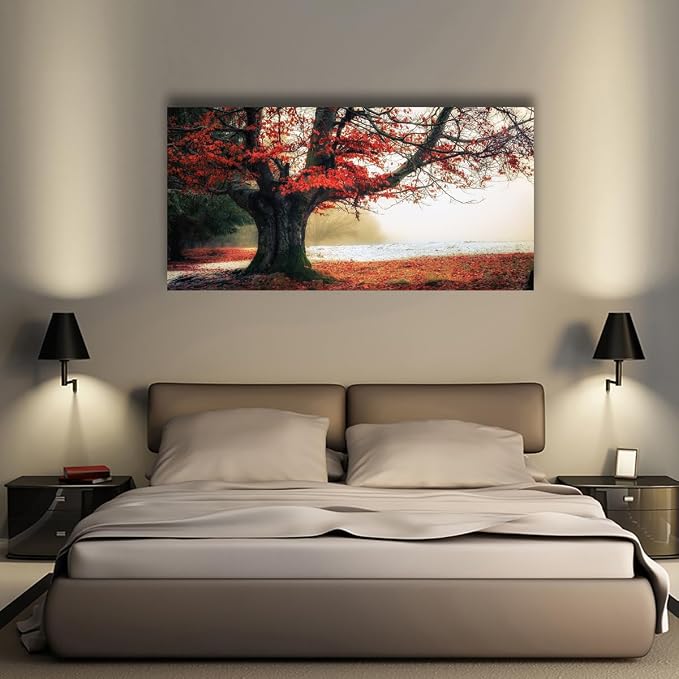 Stunning Nature Landscape Wall Art - 28x57 inches Canvas Artwork of Sunrise Forest Scenery with Red Leaves. Perfect Wall Decoration for Living Room, Bedroom and More