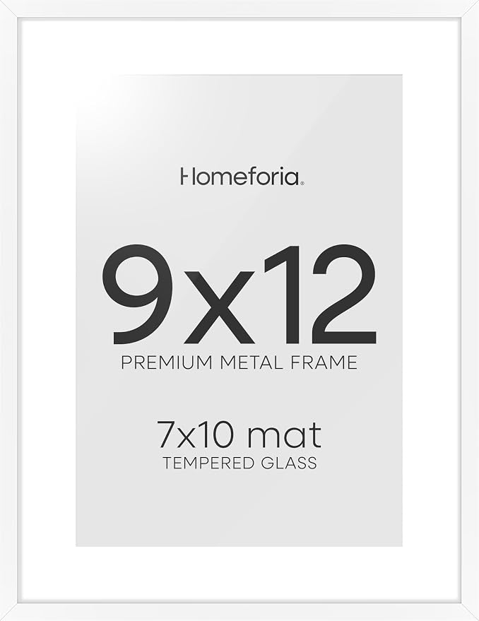 Homeforia 9x12 White Picture Frame, High-End Metal, 7x10 Mat, Glass