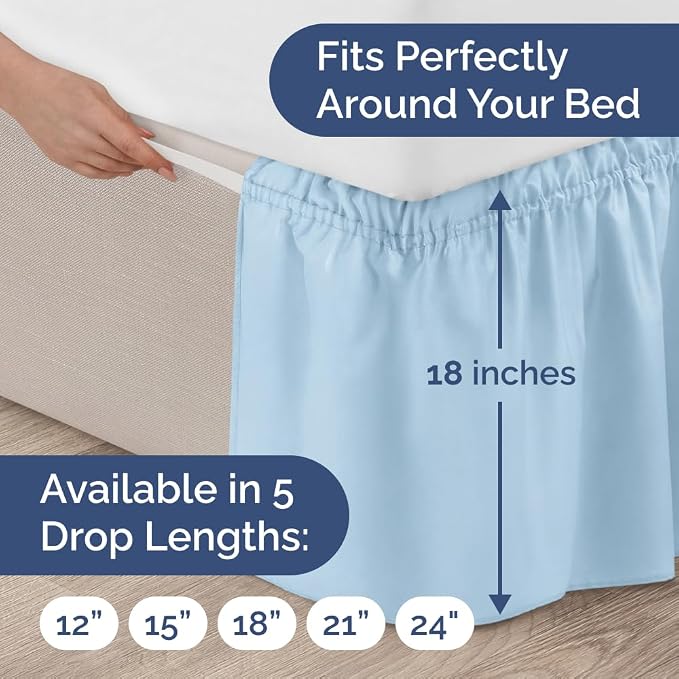 Wrap Around Dust Ruffle Bed Skirt - College Dorm Room - Twin/Twin XL | Light Blue, 18 Inch Drop, Elastic Strap & Adjustable Pleated Bedskirt, Wrinkle Free, for Women, Men, Students, Kids & Teens