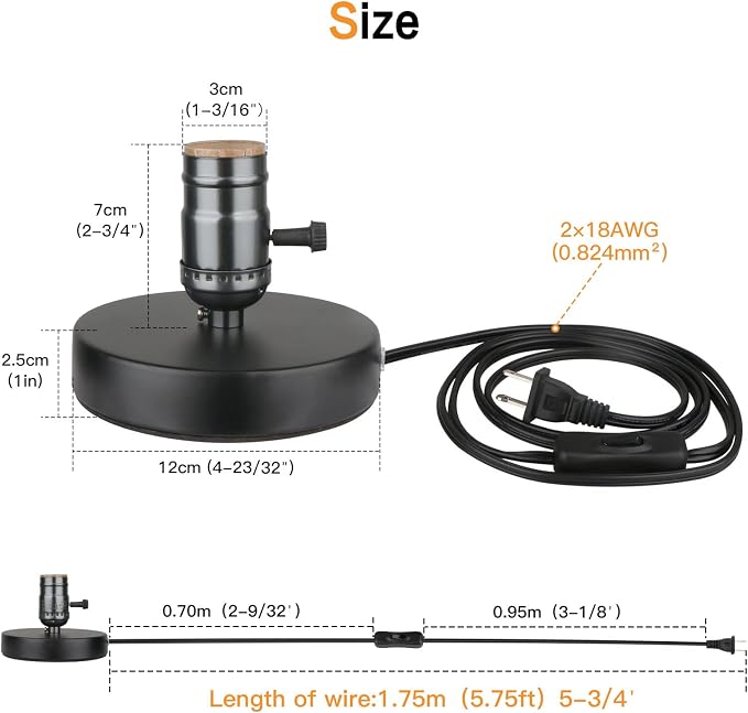Vintage Table Lamp Base Only Without Shade, Mini Basic Edison Exposed Light Bulb Stand, E26 E27 Short Edison Desk Lamps for Small Spaces with 5.75' Cord ON Off Switch & Plug in (Matte Black)