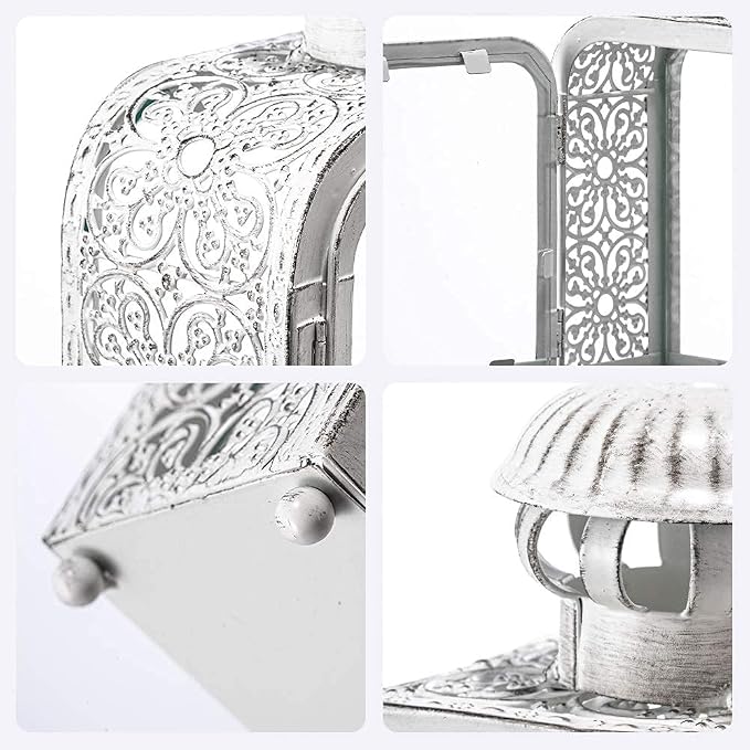 Candle Lantern Decorative Indoor & Outdoor, Vintage Metal Lanterns with Clear Glass, Tabletop&Hanging Candle Holders for Patio Front Porch Home Decor, Halloween Christmas Decorations (White)
