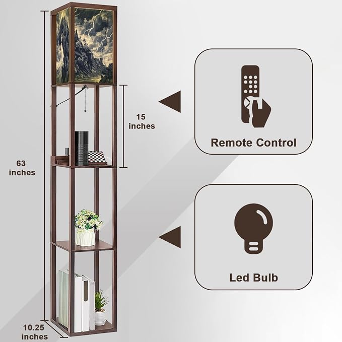 Floor Lamp with Shelves Electric Dragon Crag Gothic Woodcut Illustration Standing Tall Lamp USB Ports & Power Outlet Modern Corner Lamp Nightstand Light for Living Room Bedroom