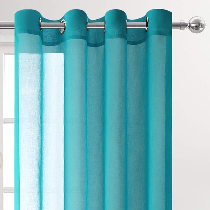 DWCN Turquoise Faux Linen Sheer Curtains - Grommet Voile Window Curtain Drapes for Bedroom Living Room 52 x 90 inches Long, Set of 2