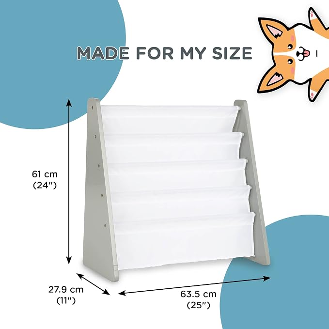 Humble Crew Kids Bookshelf, Montessori Front Facing Toddler Bookcase 4 Tier | Book display rack and reading nook organizer, nylon pockets show covers face out, compact for any playroom or bedroom space
