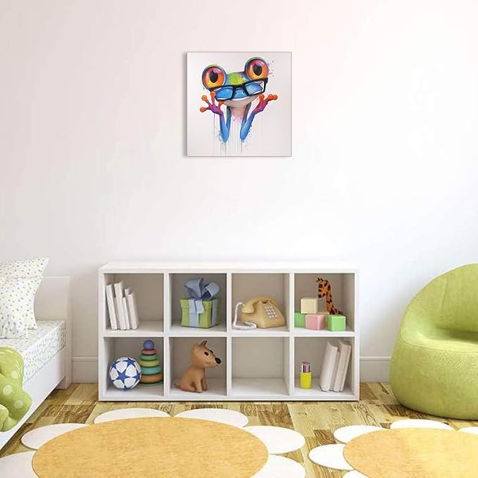 Ypxzzj Colorful Frog Canvas Wall Art for Bedroom Nursery Kids Room Living Room, Cute Animal Frog with Glasses Paintings Pictures for Home Decor, Modern Artworks Framed Ready to Hang