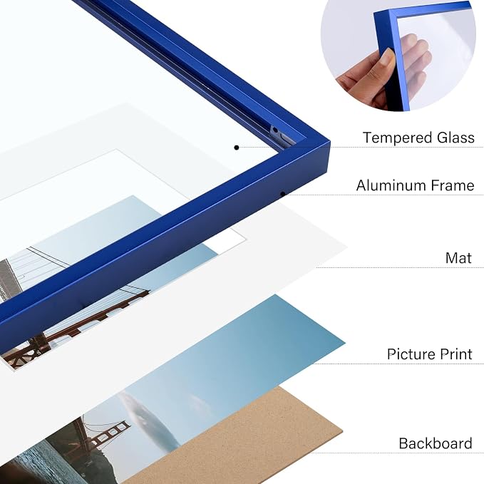 Frametory 11x14 Blue Aluminum Metal Picture Frame Mat for 8x10 Glass