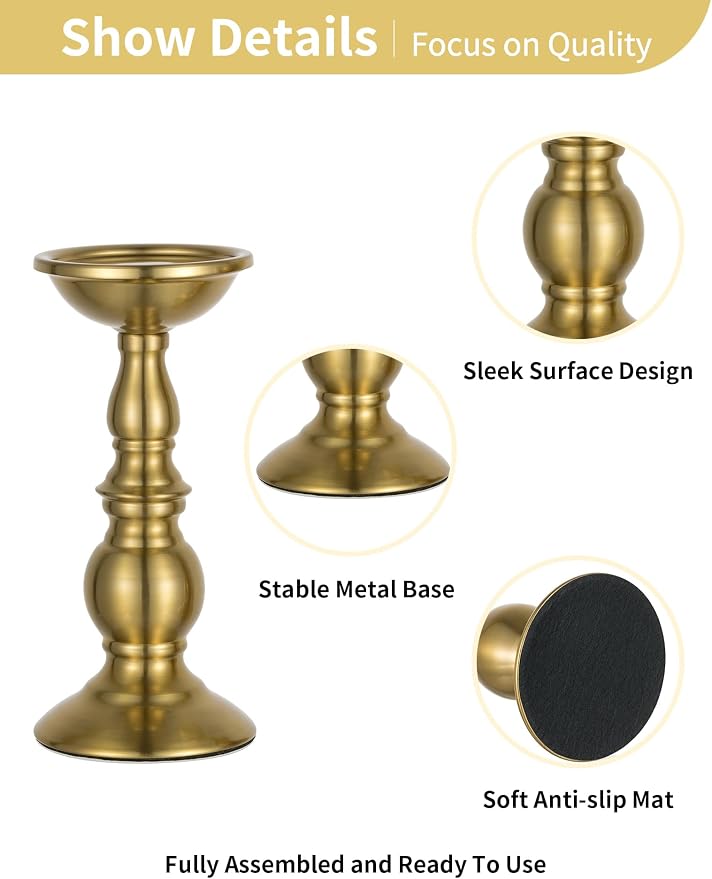 NUPTIO Pillar Candle Holder Brass: Gold Tall Candles Stand for 3" Pillars