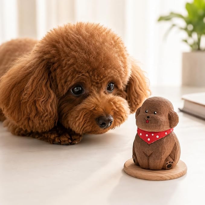 Hand-Carved Wooden Teddy Dog Figurine, 2.7" Brown Puppy Statue with Base for Car Dashboard, Desk & Home Decor, Gift for Dog Lovers