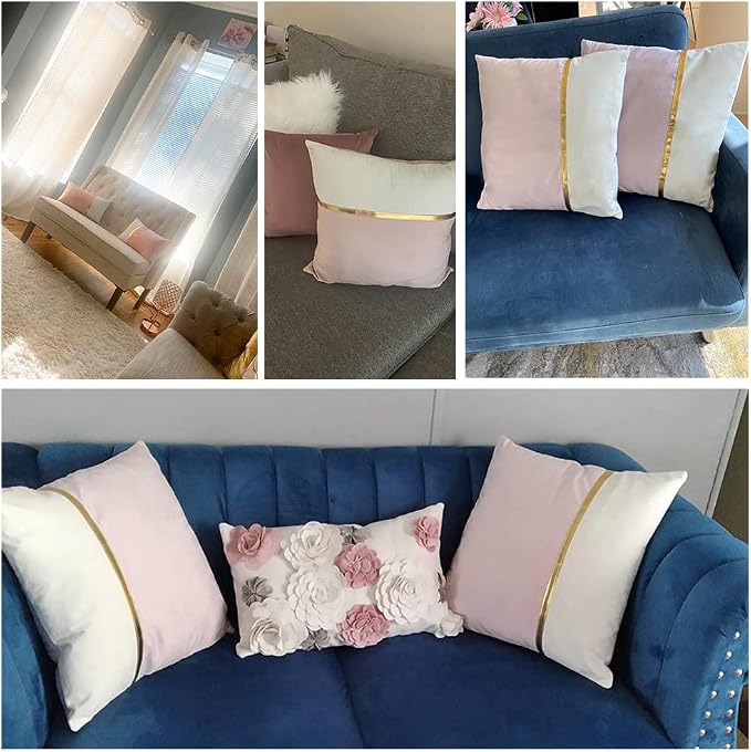 Fancy Homi 2 Packs Decorative Throw Pillow Covers 12x20 Inch for Living Room Couch Bed, Blush Pink and White Velvet Patchwork with Gold Leather, Luxury Modern Home Decor, Lumbar Cushion Case 30x50 cm