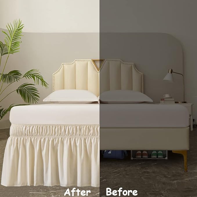 MEILA Wrap Around Elastic Bed Skirt for Queen & King Beds, 16" Drop, Beige | Three-Side Adjustable Elastic Dust Ruffle, Ruffled Polyester Fabric, Easy to Install, Fade Resistant & Machine Washable