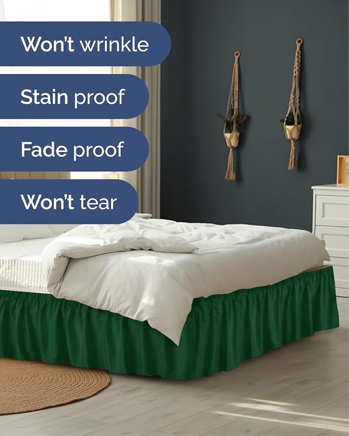 Wrap Around Dust Ruffle Bed Skirt, Full Size - 15 Inch Drop, Emerald Green | Easy Fit Elastic Strap, Adjustable Pleated Bedskirt w/Brushed Fabric, Wrinkle & Fade Free, for Women, Men, Kids & Teens