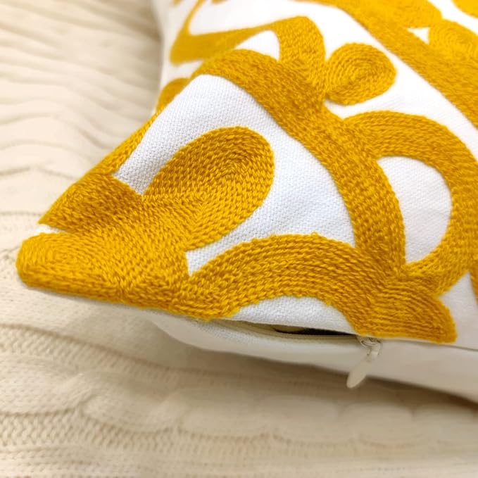 Alysheer Embroidered Decorative Throw Pillow Cover 20"x 20", Boho Mandala Modern Thick Embroidery Pattern, Durable Cotton Canvas Soft Cushion Case for Sofa Couch Bed Living Room (Mustard Yellow)
