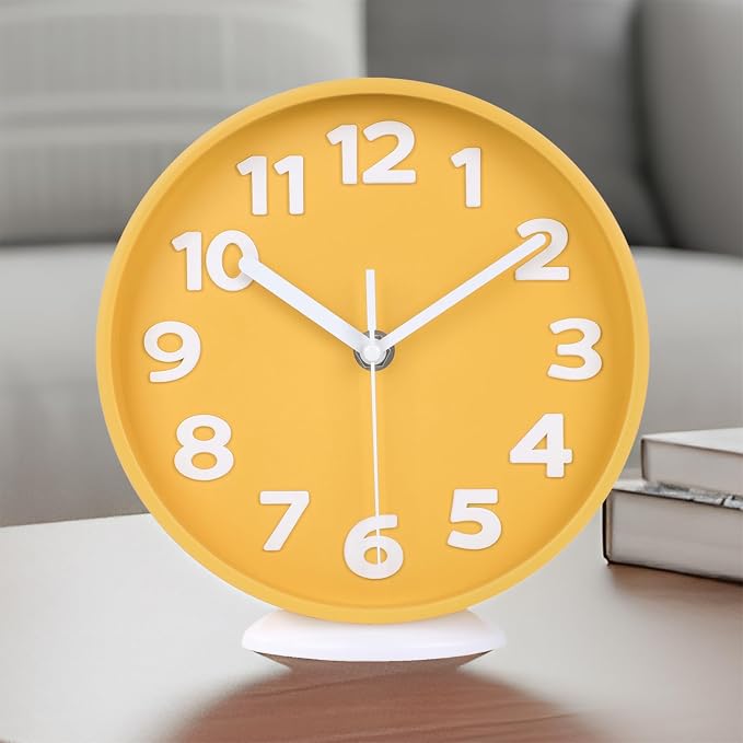 JENLYSTIME 8 Inch Vibrant Yellow Modern Wall Clock – Silent Non-Ticking, Bold 3D Numbers, Precise Quartz Movement | Decorative Desk & Wall Clock with Stand for Home, Kitchen, Bedroom, or Office