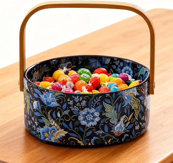 Ceramic Key Bowl with Wooden Handle Decorative Bowl Flower Basket Kitchen & Dining Table Office Room Decor(Black)